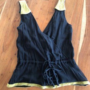 sass & bide Black Sleeveless Wrap Tank with Yellow Trim